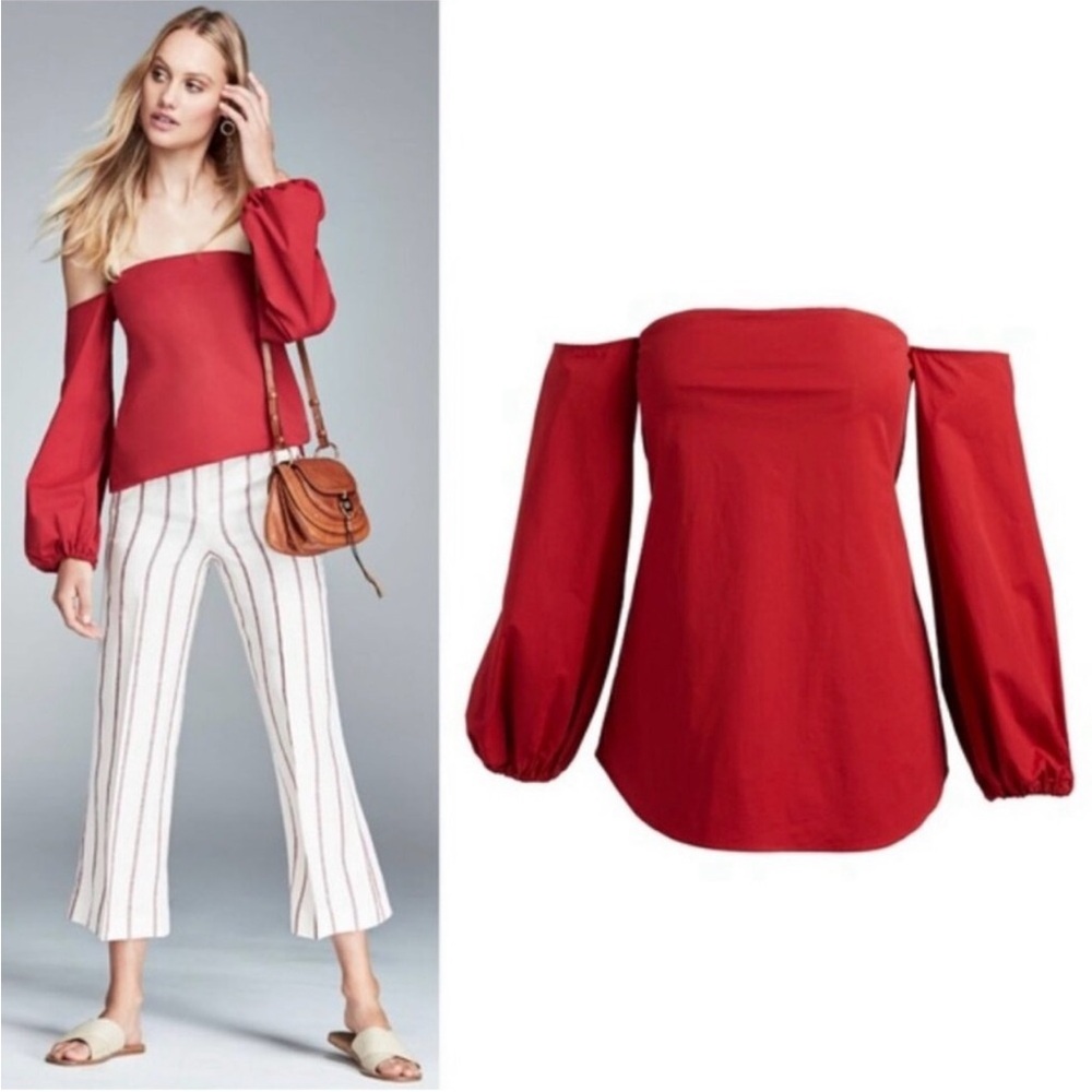 THEORY Laureema Red Off The Shoulder Cotton Poplin Blouse Bishop Sleeve Size 4‎